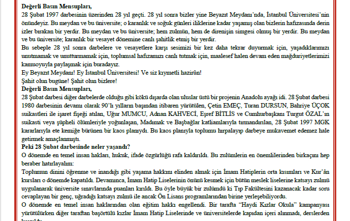 28 Şubatın 28.Yılında 28 Sivil Toplum Kuruluşunun Basın Açıklaması